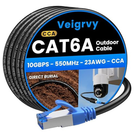 Veigrvy Câble Ethernet Cat 6A Extérieur 30M, 23AWG 10Gbps RJ45 LAN Réseau | Enfouir Directement Veste Étanche LLDPE UV, Haute Vi