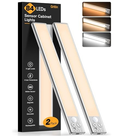 Gritin Lampe de Placard LED 26CM Super Lumineuse Cuisine Reglette 4 Modes | Rechargeable, 3 Couleurs&5 Luminosités, Détecteur de
