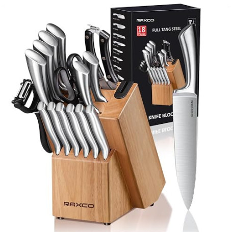 RAXCO Bloc à couteaux, Set de 18 couteaux de cuisine en acier inoxydable - Set de couteaux à steak, Sets de couteaux de cuisine