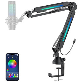 TONOR Bras de Micro de Gaming avec RGB, Bras de Microphone avec Pince de Montage de Bureau, Contrôle par App Mode RGB, Adaptateu