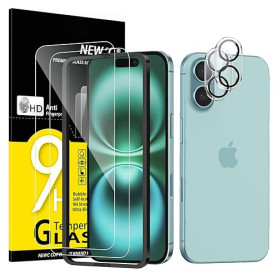 NEW'C Kit de 4, 2 x Verre Trempé pour iPhone 16 (6,1 Pouces) et 2 x Protection Caméra Arrière - Anti Rayures - sans Bulles d'air