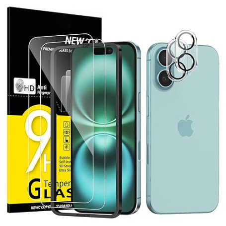 NEW'C Kit de 4, 2 x Verre Trempé pour iPhone 16 (6,1 Pouces) et 2 x Protection Caméra Arrière - Anti Rayures - sans Bulles d'air