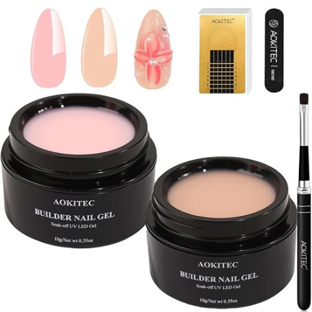Aokitec Kit Gel Dur Ongles Rose Nude, 100 Formes et Pinceau | Kit complet avec gel dur rose nude, 100 formes et pinceau pour ext