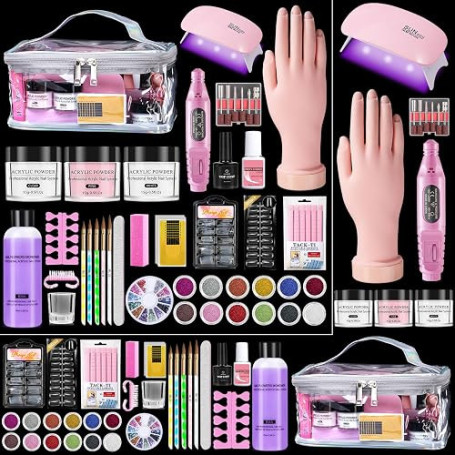Kit Ongle Acrylique Gel Complet avec Main D'entrainement & Sac de Rangement | Poudre Acrylique Pour Ongles avec Poudres Acryliqu