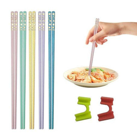 Lot de 5 paires de baguettes chinoises avec clip pour baguettes, passent au lave-vaisselle, réutilisables, antidérapantes, pour