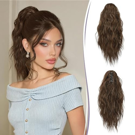RUWISS Postiche Queue de Cheval Pince, 35 cm Ponytail Cheveux Naturel Bouclée Ondulée Rajout Cheveux Queue de Cheval pour Femme