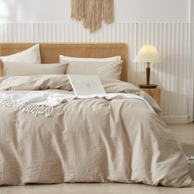 Sedefen Housse de Couette 200x200 cm Beige Coton lavé Couleur Unie | Parure de Lit 2 Personnes Adulte,avec Fermeture Éclair,avec