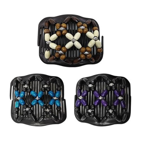 Lot de 3 pinces à cheveux élastiques doubles en bois avec perles magiques, peignes extensibles pour chignon vintage, accessoires