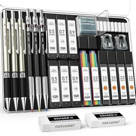 Four Candies Criterium Dessin, Esquisse Crayon Mécanique Porte Mines en Métal 0,5. 0,7. 0,9 . 2 mm (Coloré HB 2H 2B 4B) Jeu de 2