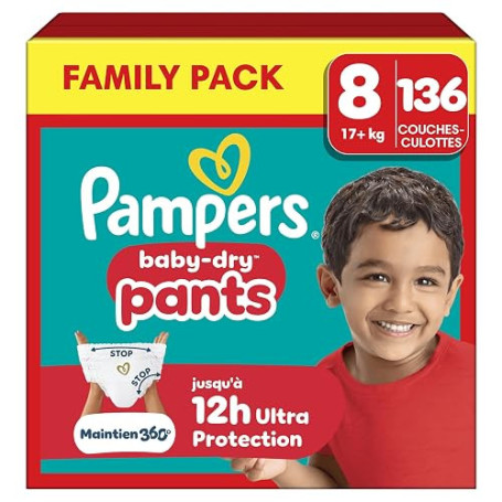 Pampers Baby-Dry Pants Couches-Culottes Taille 8 x136 Family Pack | 17kg+. Protection 360° Contre les Fuites Jour Et Nuit. Facil