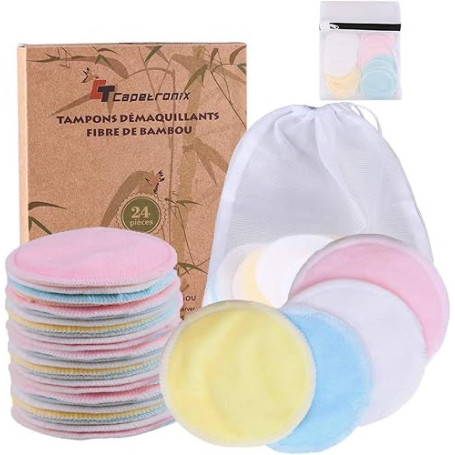 Tampons Démaquillants fibre de bambou丨disques coton demaquillant lavable丨24pcs+ 2 Sac de lavage丨Matériau en fibre de bambou soup