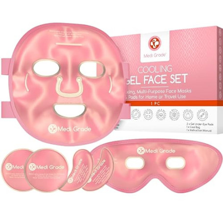 Medi Grade Set Masque Froid Visage et Masque des Yeux en Gel, Ensemble Rose | Atténue poches, cernes et migraines, moment de dét