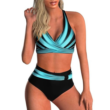 Adigaber Maillot de Bain Deux Pièces pour Femme Taille Haute Imprimé Bikini | Haut croisé，Rembourrages amovibles，Contrôle du ven