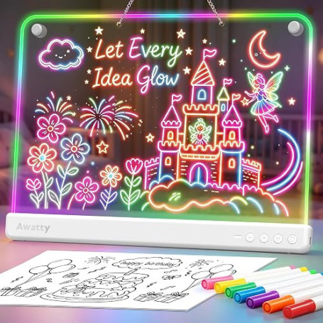 Awatty Tableau Lumineux LED Rechargeable, Tablette de Dessin Lumineuse 16 Pouces avec 7 Couleurs et 10 Effets de Lumière, Planch