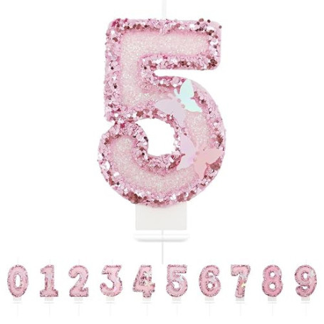 Bougies d'anniversaire Numéro 5,3D Rose Bougie Chiffre 5,Papillon Decoration Gateau Anniversaire,Bougies Scintillantes Gâteau To