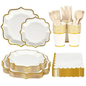 Anstore Assiettes en Carton Festonnées, 200 Assiettes et Couverts pour 25 Invités, Vaisselle Anniversaire avec Serviettes, Coute
