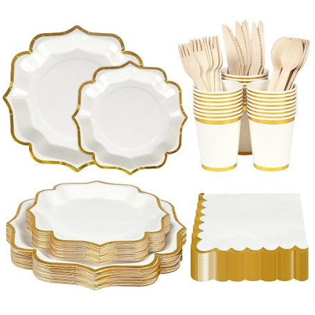 Anstore Assiettes en Carton Festonnées, 200 Assiettes et Couverts pour 25 Invités, Vaisselle Anniversaire avec Serviettes, Coute