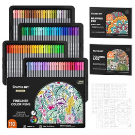 Shuttle Art Stylos Fineliners, 100 Couleurs Stylo Feutre Pointe Fine (0.4mm) avec 8 Pochoirs et 2 Livres de Coloriages pour Dess