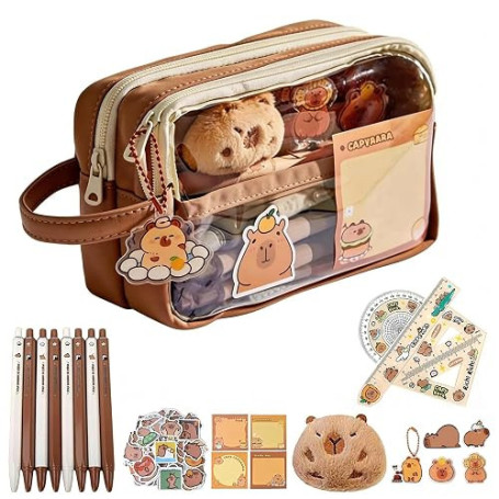 Dcceeo Trousse Capybara, Ensemble Papeterie Capybara Kawaii avec Stylo Capibara, Règle, Autocollants, Pins, Porte-clés et Blocs-