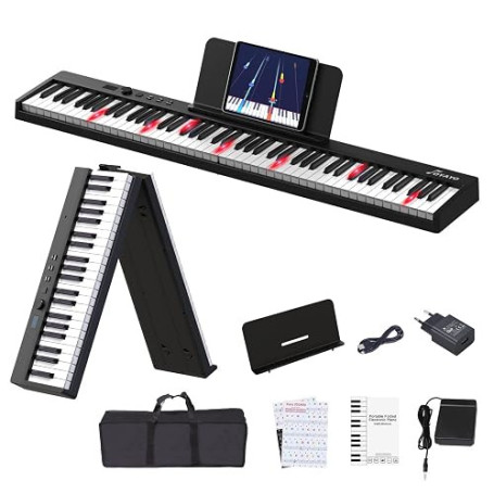 Clavier de Piano 88 Touches Pliant Clavier Électronique, Clavier Portable Semi-lesté avec Touches éclairées MIDI Autocollants de