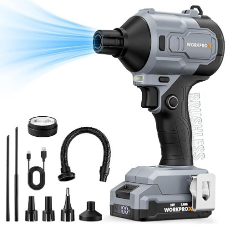 WORKPROX Souffleur à Air Comprimé sans Fil 20V | Souffleur Électrique Rechargeable USB-C, Moteur Sans Balais, 4 Vitesses Réglabl