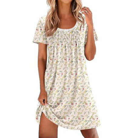 Ekouaer Chemise de Nuit Femme Manches Courtes Été Doux Chemises de Nuit avec Dentelle Vêtement de Nuit Imprimé Coupe Décontracté