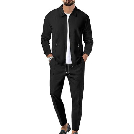 aromm HommeSurvêtements Waffle Manches Longues Zipper Veste & Pantalon Ensemble de 2 Pièces pour Decontracté Sport Travail