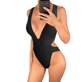 Faringoto Maillot de bain une pièce avec décolleté en V profond et dos croisé pour femme avec bonnets rembourrés, coupe échancré