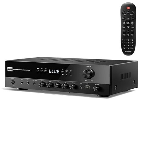 Donner Récepteur Stéréo, Amplificateur Audio 5.1 Canaux avec Bluetooth 5.3, entrées Optique/Coaxiale, USB, FM, 2 Entrées Micro,