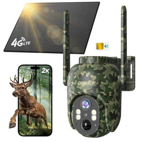 DFGRD 4G LTE Caméra de Chasse Solaire Extérieure sans Fil, 2K HD Caméra Surveillance avec Carte SIM, Caméra Autonome sans WiFi,