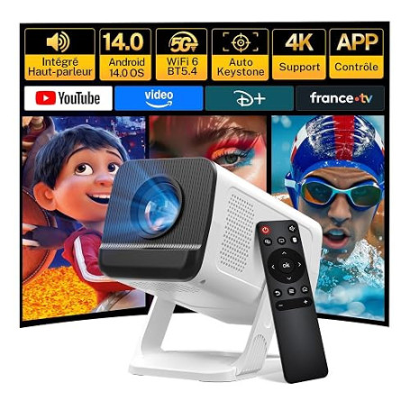 Mini Portable Vidéoprojecteur Compatible 4K, Video Projecteur Contrôle App | Android 14 Smart Rétroprojecteur, Auto Keystone Cou