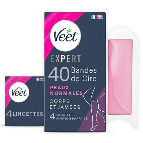 Veet EXPERT - 40 Bandes de Cire Froide Corps & Jambes - Peaux Normales - Finition Parfaite - Epilation Longue Durée | Finition P