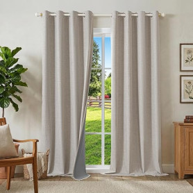 Runyéla 100% Rideau Occultant Thermique Isolant Anti Chaleur 140x280, Lot de 2 Lin Rideaux Fenêtre Opaques à Oeillets Gris Blanc