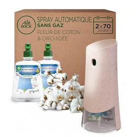 Air Wick Désodorisant Maison Spray Automatique Sans Gaz Active Fresh - 1 Diffuseur + 2 Recharges Parfum Fleur de Coton + Orchidé