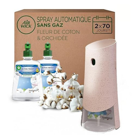 Air Wick Désodorisant Maison Spray Automatique Sans Gaz Active Fresh - 1 Diffuseur + 2 Recharges Parfum Fleur de Coton + Orchidé