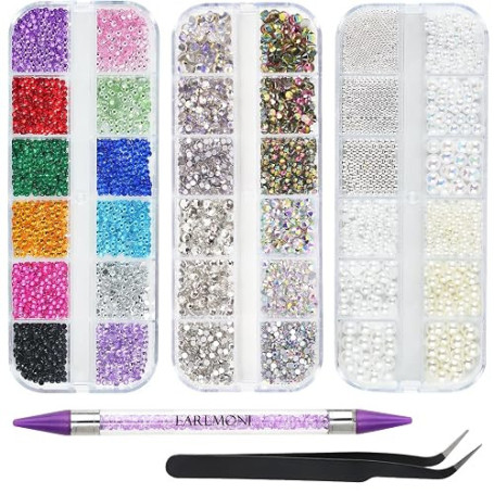 Strass Ongles Nail Art, EARLMONI 5200 Strass Cristal AB Flatback Rhinestone avec Perles, Kit Bedazzling avec Stylo à Cire Double
