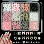 KIRZAX Set Charms Ongles 12 Compartiments, 3D Noeud Papillon en Résine+Perles/Cœur/Fleur, avec Crayon de Cire & Pince à Strass,
