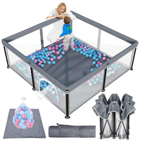 Parc pour bébé pliable avec matelas, intérieur et extérieur (gris, taille | Design pliable innovant, filet respirant avec vision