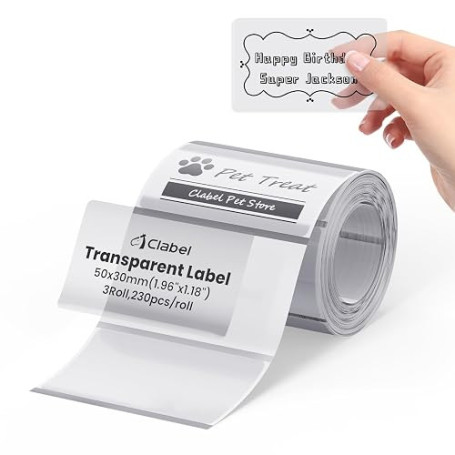 CLABEL Étiquettes Thermiques Transparentes 50x30mm, 230 Étiquettes/Rouleau, Haute Transparence pour Bocaux Cuisine Bougies Cosmé