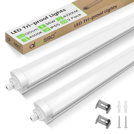 ALUSSO Lot de 2 Réglette LED 120 cm, 4000K IP65 Tubes pour bureau | AC 220-240V,36W 4320LM,Not Dimmable,6 lampes en série,neon l