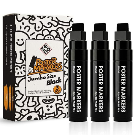 ZENO Marqueurs Peinture Acrylique Jumbo - Lot de 3 - Pointe Chisel 15 mm | Trace des Lignes Fines à Extra-Larges selon l'Angle C
