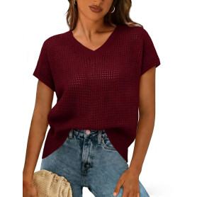 Gyabnw Tee Shirt Femme Col V Manches Courtes Maille Ajourée | Maille ajourée respirante, Coupe ample, Décolleté en v, Idéal pour