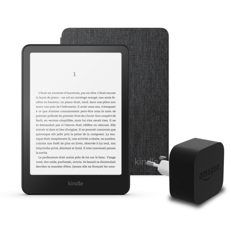 Le dernier Kindle Paperwhite (version 2024) 16 GB sans publicité, une housse en tissu Amazon et un adaptateur secteur Amazon Pow