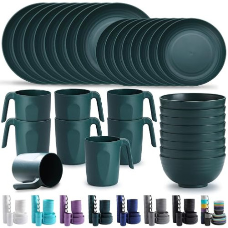 Kyraton Assiettes Service de Table plastique 32 PCS Service pour 8, réutilisable Assiettes légères Tasses Bols Vaisselle facile