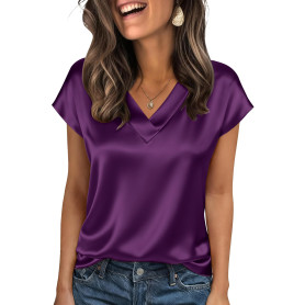 Zeagoo Chemisier Femme Satin Manches Courtes col V Été Soie Élégante Blouse | Couleur Unie Silk Tshirt| Business Shirts| S-XXL