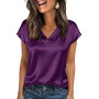 Zeagoo Chemisier Femme Satin Manches Courtes col V Été Soie Élégante Blouse | Couleur Unie Silk Tshirt| Business Shirts| S-XXL