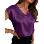 Zeagoo Chemisier Femme Satin Manches Courtes col V Été Soie Élégante Blouse | Couleur Unie Silk Tshirt| Business Shirts| S-XXL