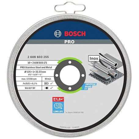 Bosch 10x Disque Aggloméré PRO Inox/Métal LongLife 22,23mm | pour Acier, Acier inoxydable, Ø 125 mm Professional Accessoire Peti