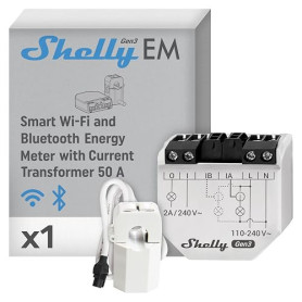 Shelly EM Gen3 + Pince 50A - Compteur d’énergie Wi-Fi connecté avec Pince ampèremétrique, Monophasé à deux canaux, Interrupteur