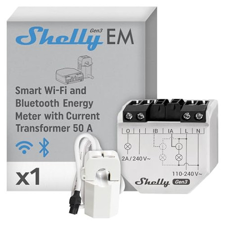 Shelly EM Gen3 + Pince 50A - Compteur d’énergie Wi-Fi connecté avec Pince ampèremétrique, Monophasé à deux canaux, Interrupteur